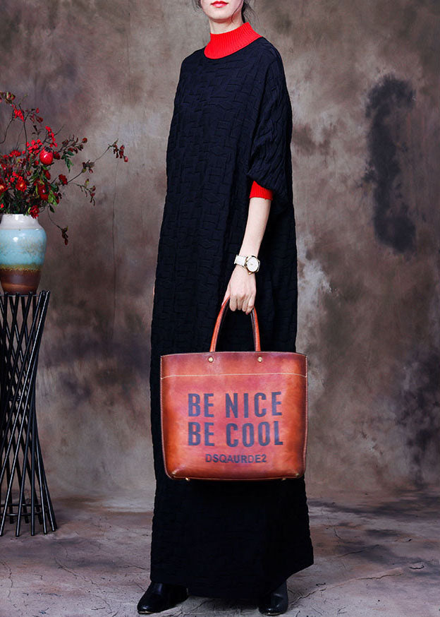 レディース ブラック ドルマンスリーブ ニット ロングセーター 冬用