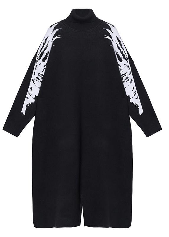 レディース クリスマス ブラック 花柄織り ニットセーター プラスサイズ ハイネック デイリー ニットワンピース