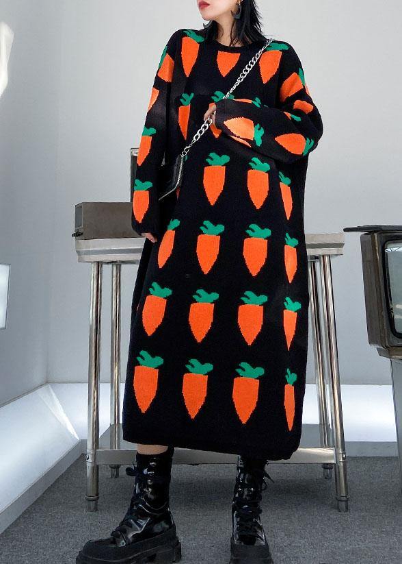 ブラックプリント プルオーバー ニットワンピース リファッション風 Oネック バギーシルエット 編みニットドレス