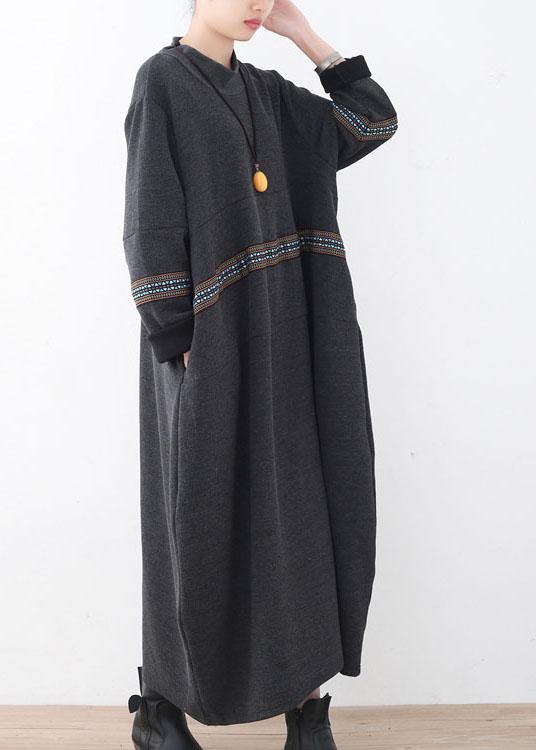 シンプル ブラック パッチワークプリント ゆったり 秋ワンピース