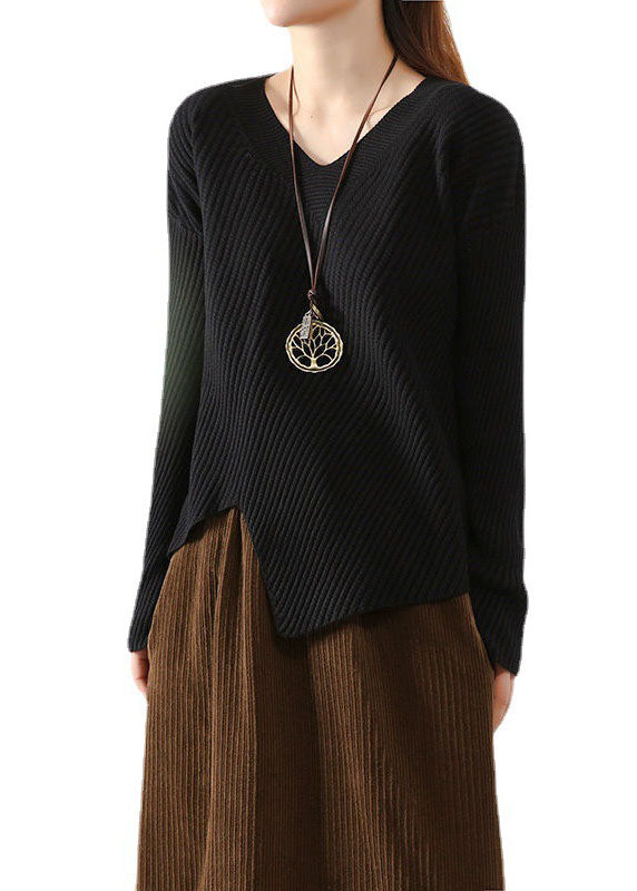 レディース アプリコット Vネック アシンメトリーデザイン 秋用 ニットセーター