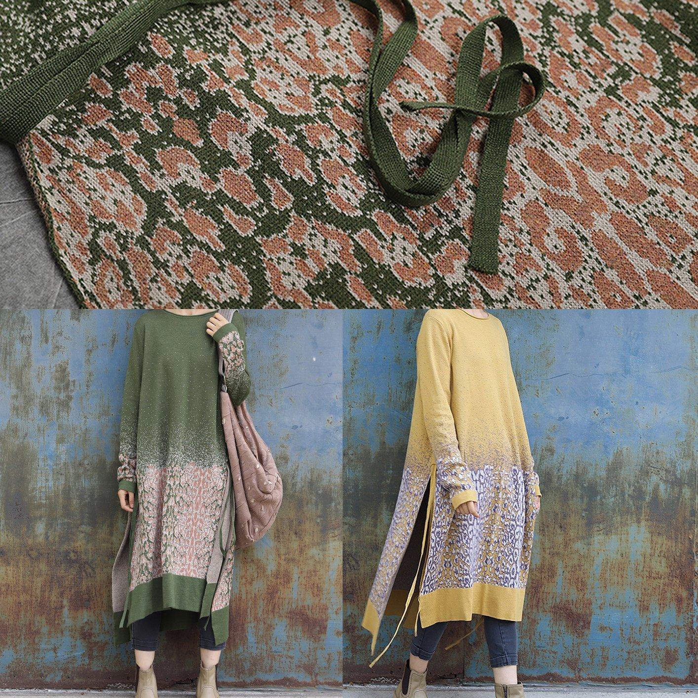 ウィンター グリーン ニットワンピース ヴィンテージ風 サイドオープン ロング丈 Oネック セータードレス