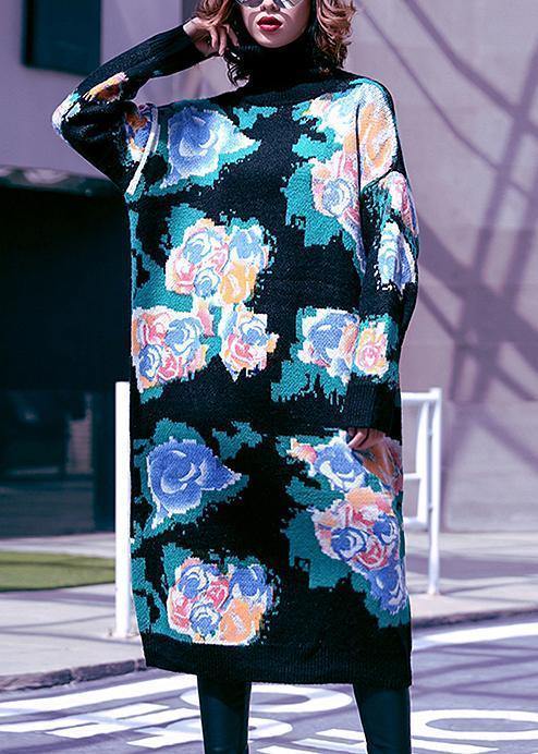 レディース ハイネック セーター アシンティック プラスサイズ対応 ブラックプリント ふわふわニットワンピース