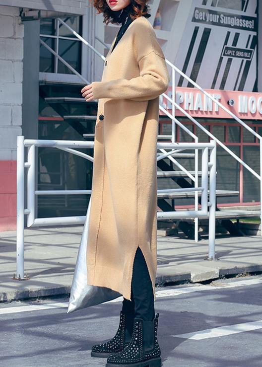 レディース Vネック サイドオープン セーター 上品カーキ ヒップスター ニットワンピース